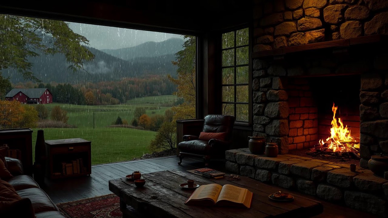 All Night Rain Sounds ⛈️ Rainforest Rain on the Porch with Fireplace Crackling for Deep Sleep, Relax