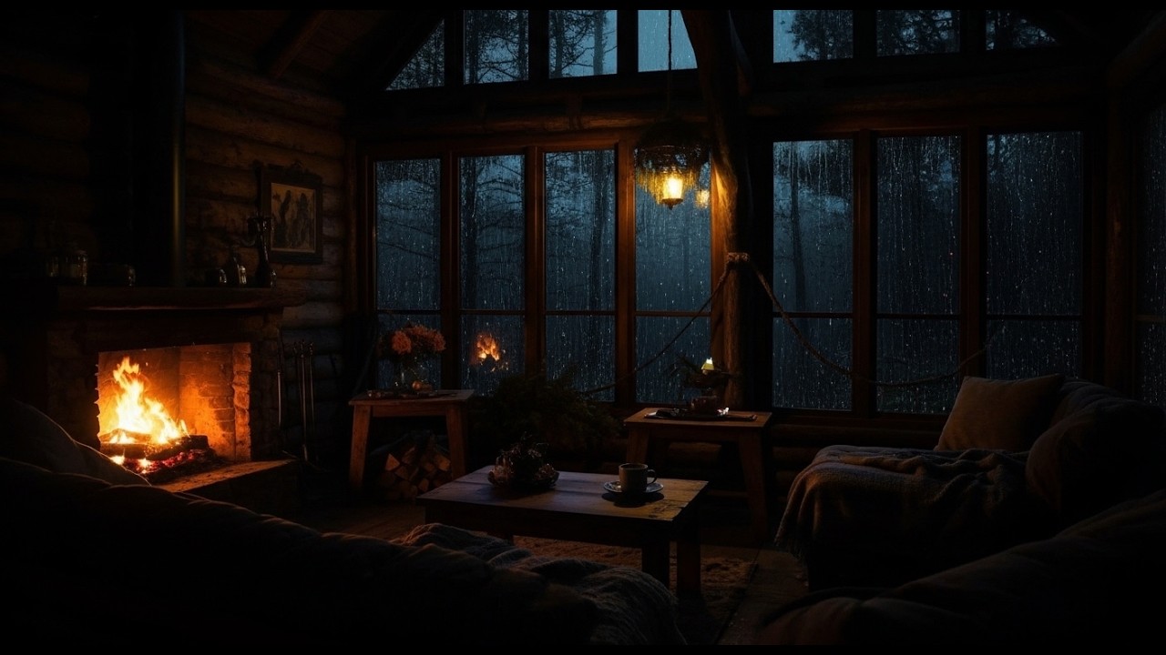 Rainy in Cabin Night Ambience with Crackling Fireplace & Rain Sounds for Sleeping