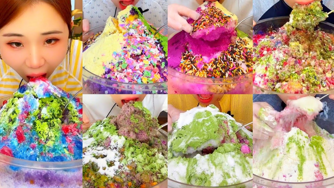 ( BITES ONLY ) ASMR YY EATING EXTREME CRUNCHY SPOONFUL SHAVED ICE 💚💙💜