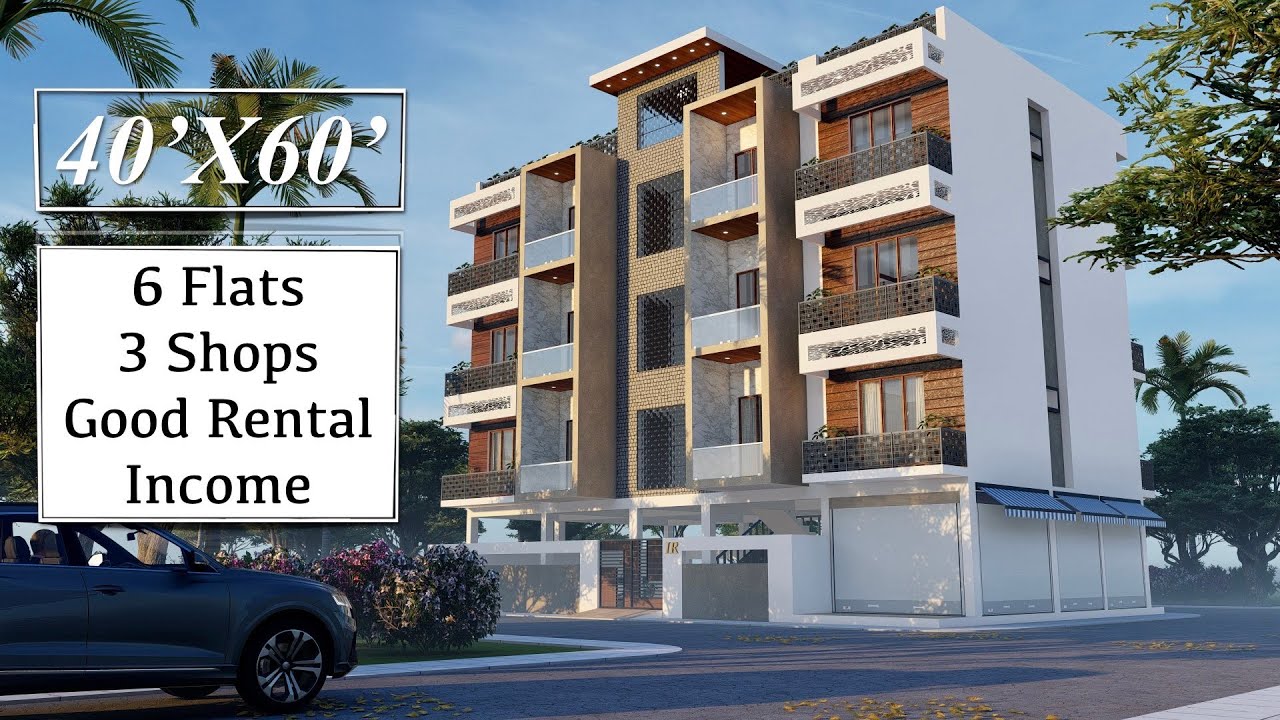 40X60 Apartment Design with 6 Flats and 3 Shops | 12X18 Meters Design