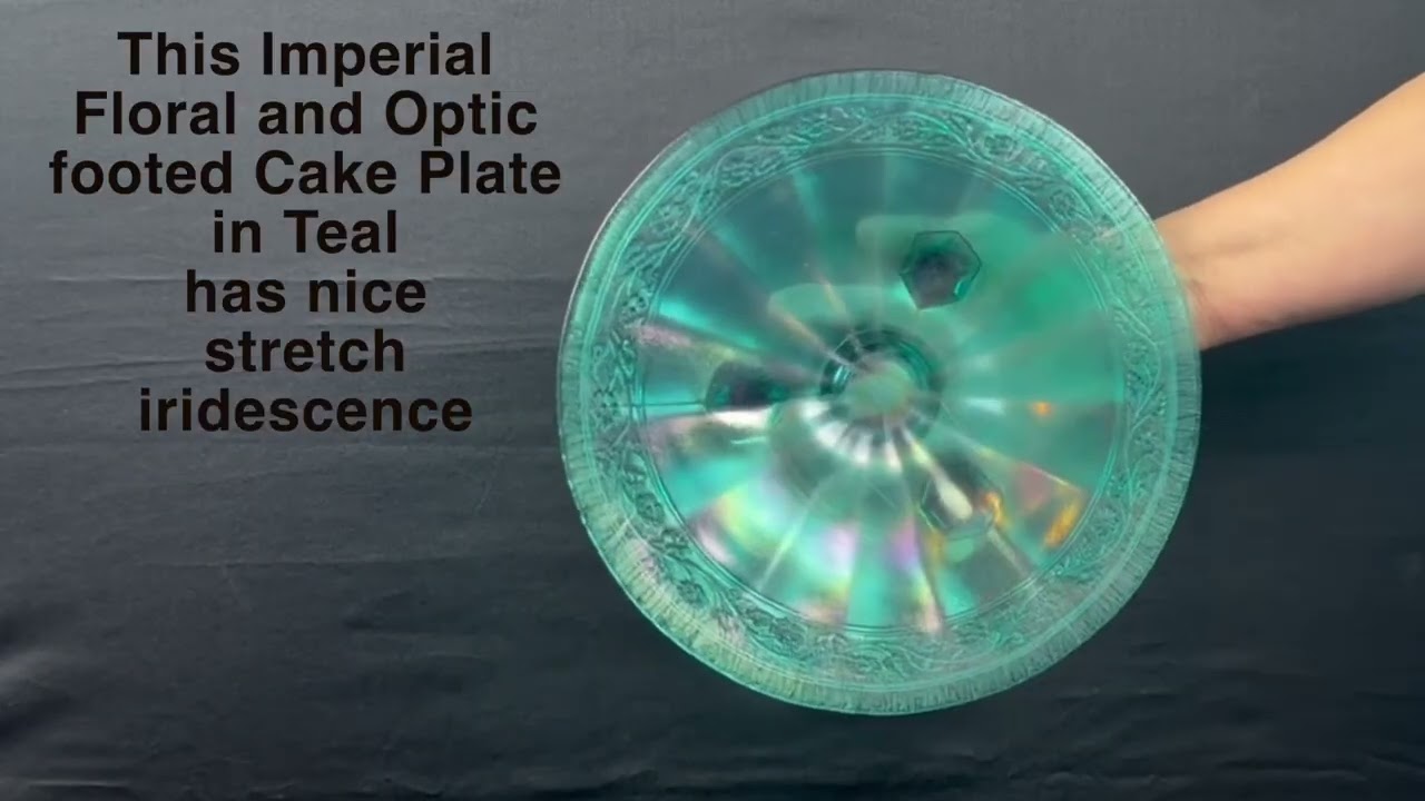 Imperial Floral and Optic footed Cake plate Teal #carnivalglass #iridescent #antique #stretchglass
