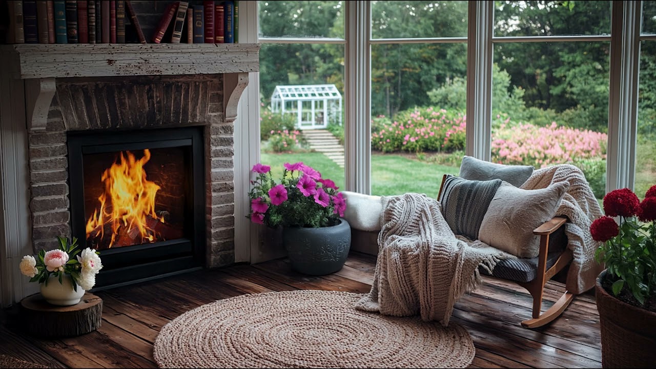 Cozy Spring Cottage Fireplace Ambience | Crackling Fire, Flowers & Garden Views