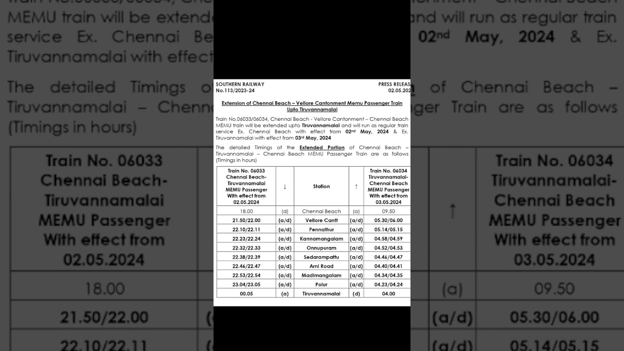Train Extension Alert : Chennai Beach to Vellore passenger train extended up to Tiruvannamalai