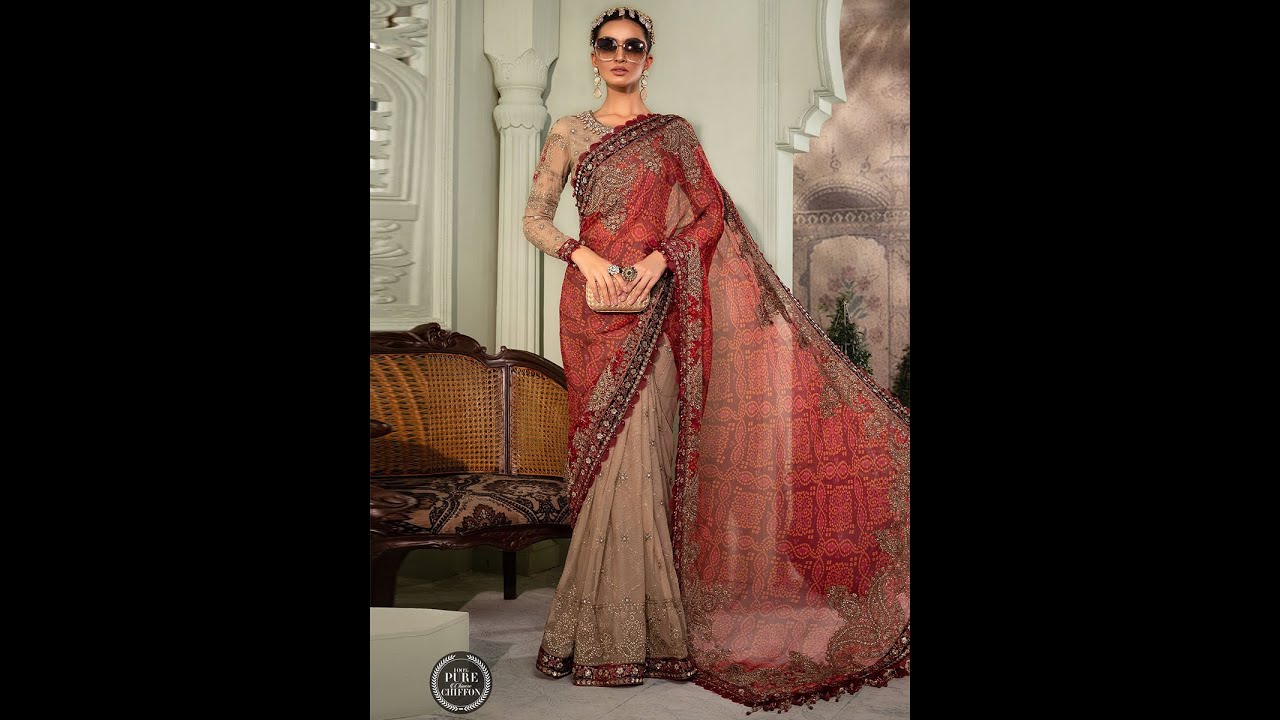 Maria. B. Luxury Chiffon | Coffee and Maroon (MPC-202) Saree | Master Replica | Price Rs 11,500/-