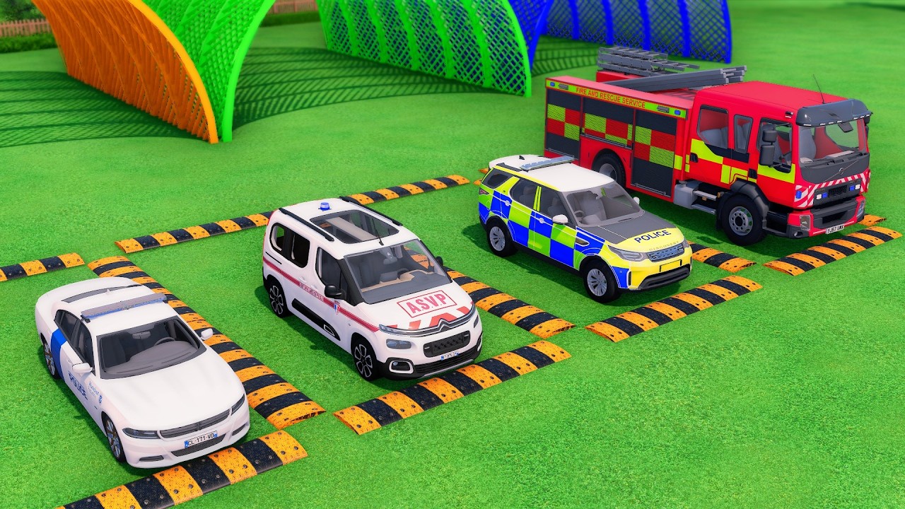 TRANSPORTING POLICE CARS, AMBULANCES & FIRE TRUCK WITH MAN EYE TRUCKS ! FS 22 #2