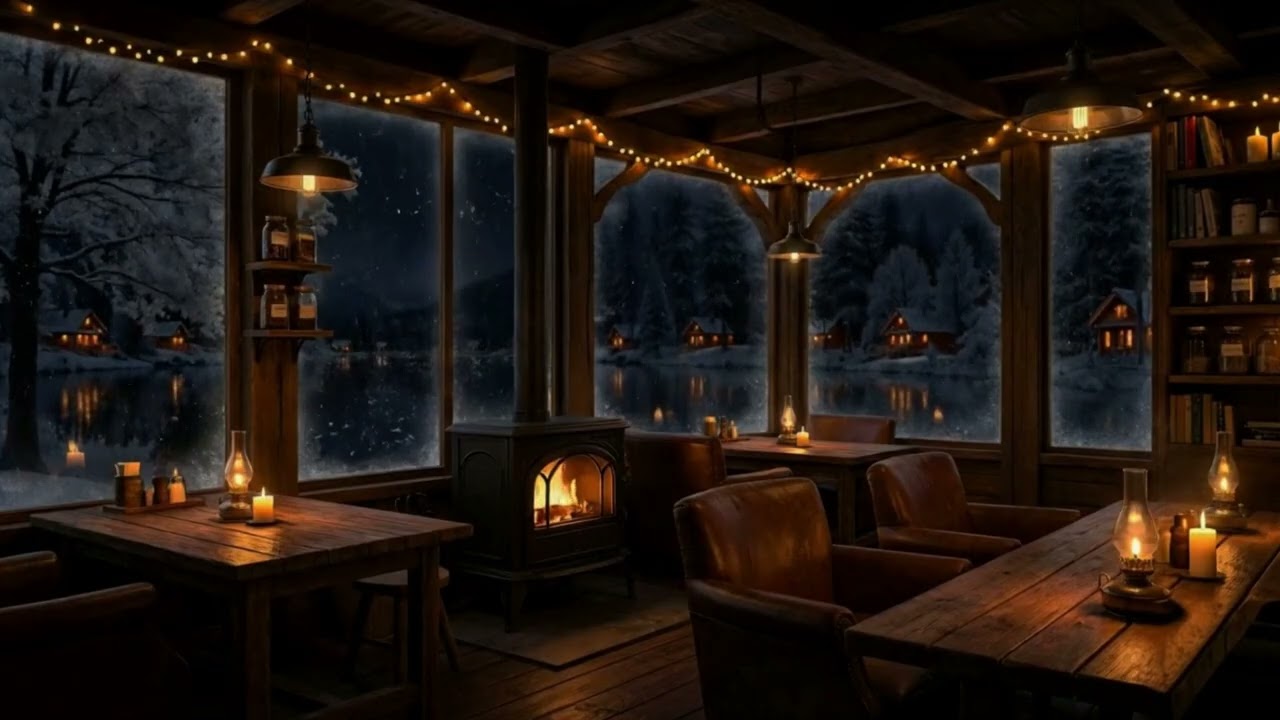 Cozy Winter Jazz Cafe Ambience ~ Relaxing Study Music & Snowfall Smooth Jazz Vibes 🎵