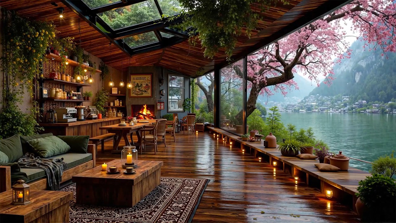 Rainy Day Spring Jazz in a Cozy Caf&eacute; Terrace by the River 🌧️Relaxing Warm Jazz for Study & Calm Mind