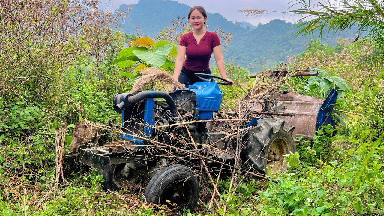 The genius girl spectacularly repaired the severely damaged farm machine.