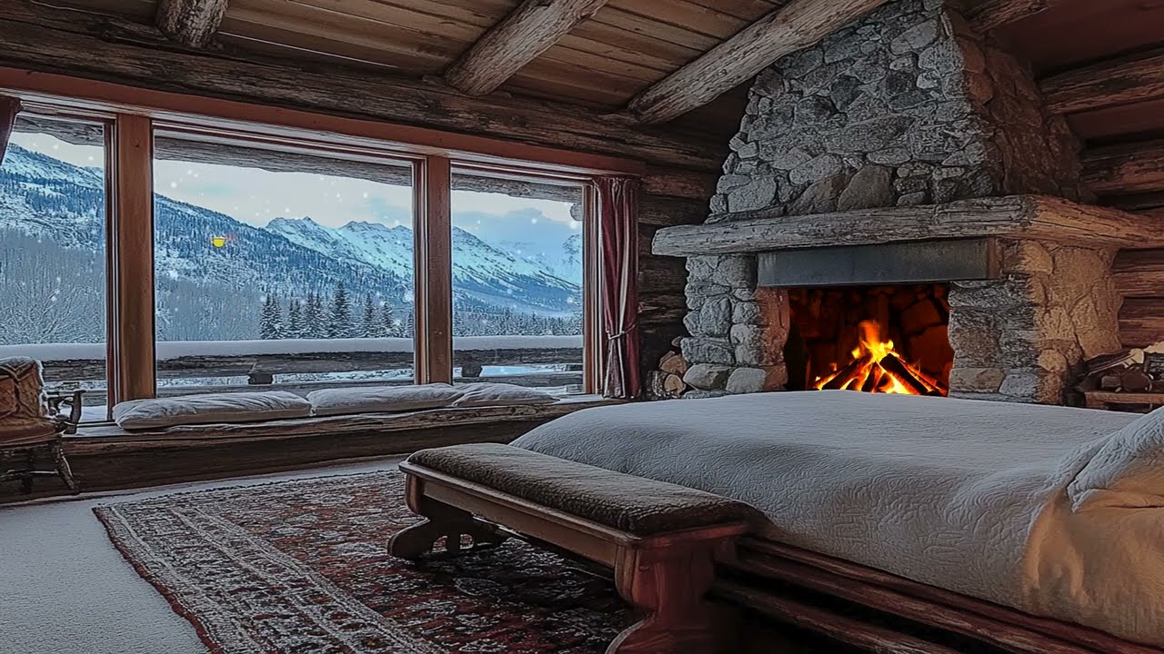 🏔️ Panoramic Window Seat with Mountain View | Crackling Stone Fireplace | Relax & Daydream