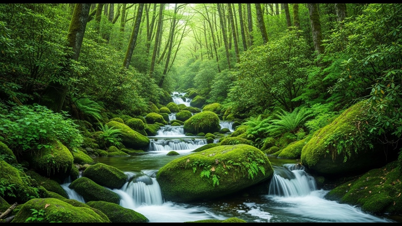 🔴A vibrant, lush green forest scene featuring a clear stream cascading over moss-covered rocks.