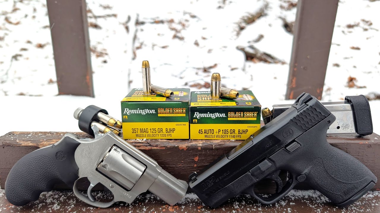 .45 ACP+P против .357 Magnum в короткоствольном исполнении! Remington Golden Saber