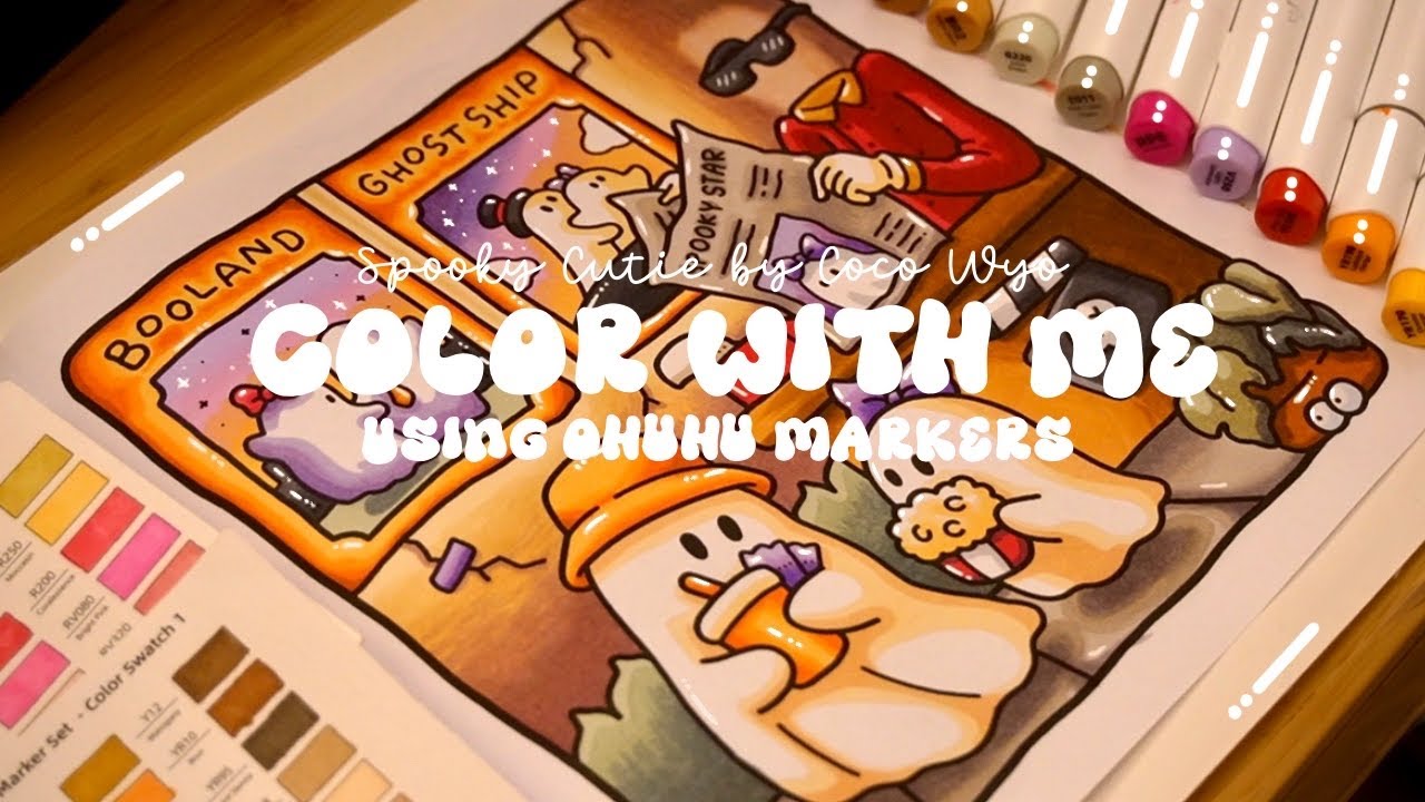 Color with me (ASMR) 🎃🍿 'Spooky Cutie Vol. 2' by Coco Wyo using Ohuhu markers🌱✏️#adultcoloring #asmr