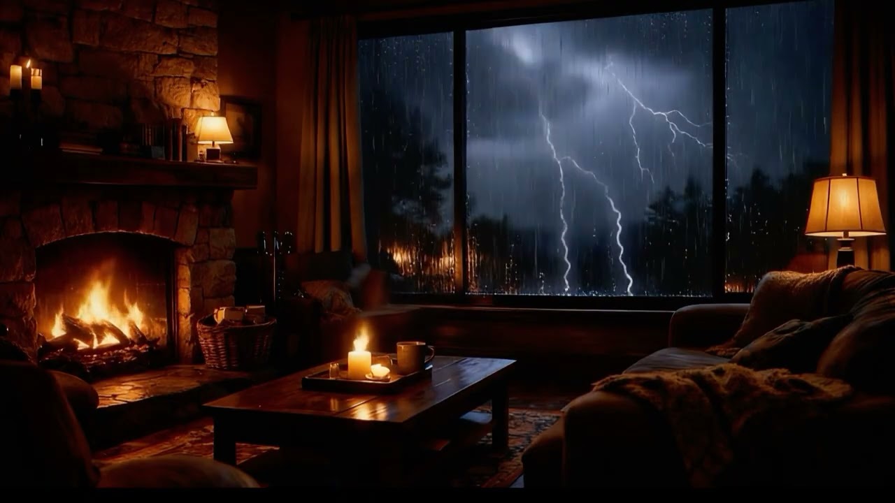 A Night of Heavy Rain and Thunder ⚡ Cozy Living Room Ambience