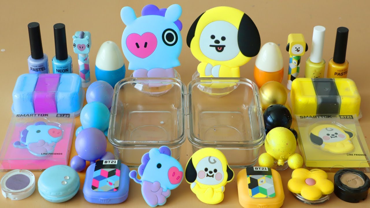 Mixing”BTS Mang & Chimmy”Eyeshadow and Makeup,parts,glitter Into Slime!Satisfying Slime Video!★ASMR★