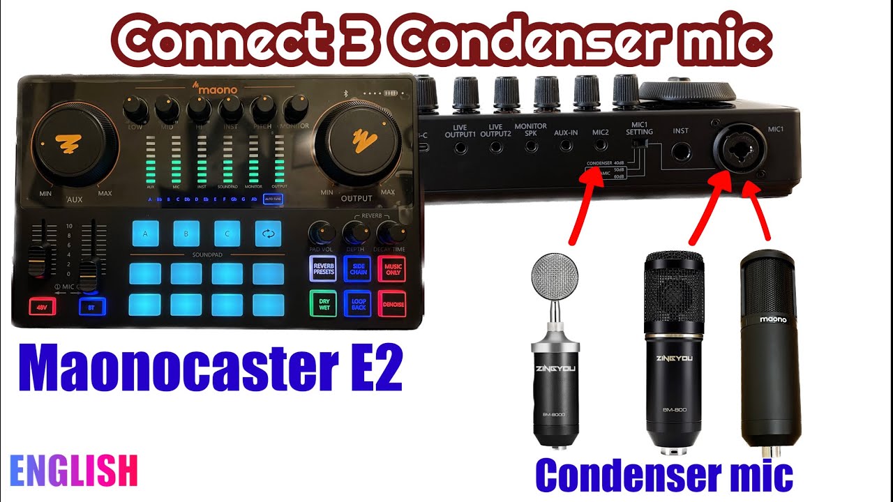 Maonocaster E2 - Connect 2 condenser mic thru XLR with mic splitter and 1 thru Mic2