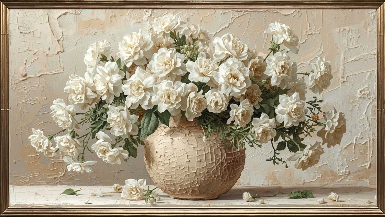 Cream & White Floral Still Life | Luxury Neutral Frame TV Art 4K Vintage Oil Painting