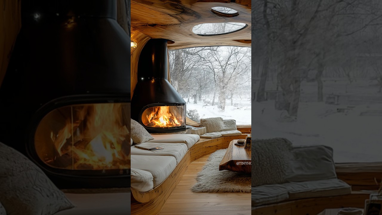 Cozy wooden cabin with fireplace and snowy forest view through a large curved window.
