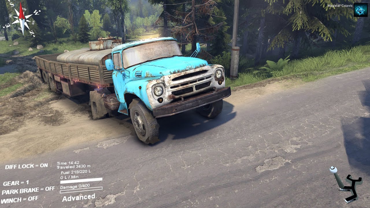 Spintires - ZIL 130 driving utility trailer to refuel MAZ 537 - River map