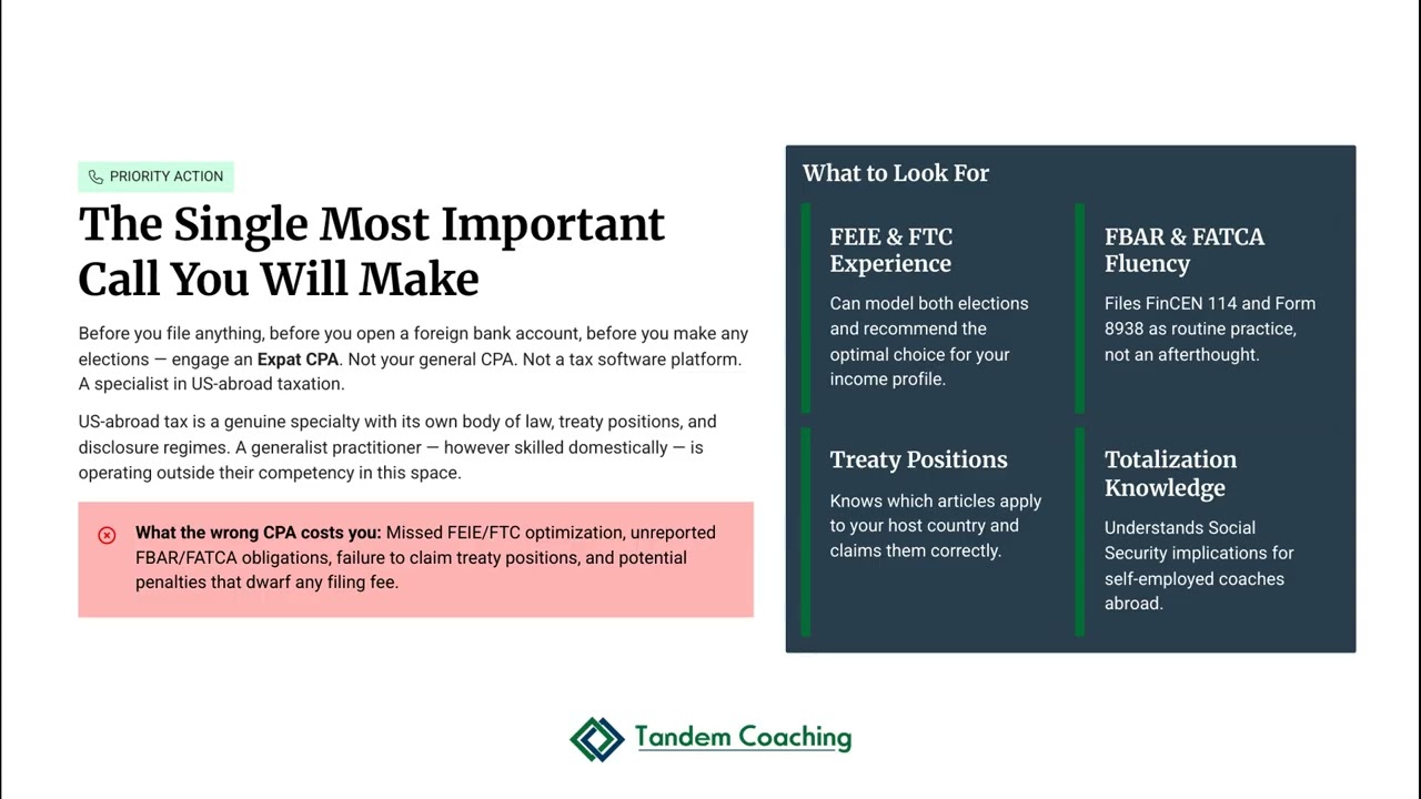 US Coach Living Abroad: FEIE, FBAR & Expat Tax Basics (1.6.1)