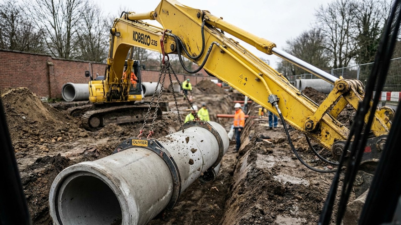 Kobelco 235 laying concrete pipe