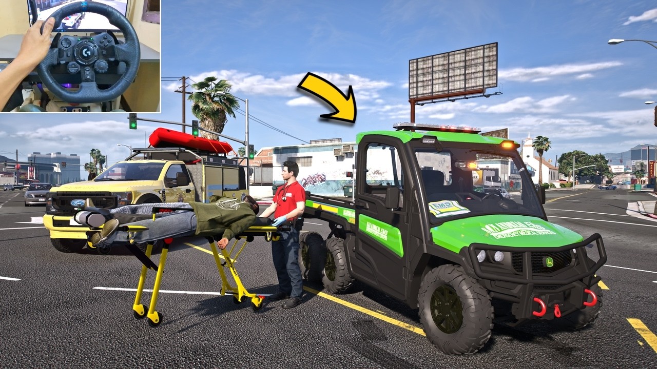 GTA 5 Lets Go To Work as Paramedic Driving EMS Gator - Steering Wheel Gameplay