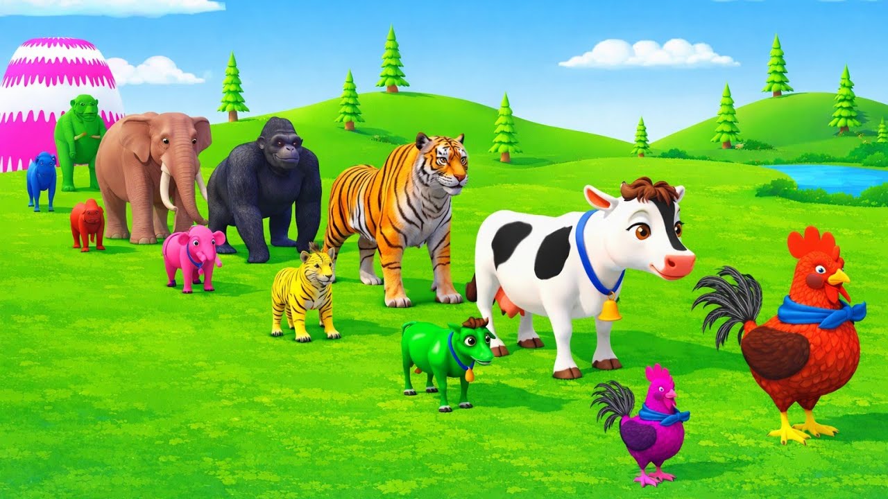 Long Slide Game with Cow, Elephant, Gorilla, Hippopotamus & Tiger | Funny 3D Animals