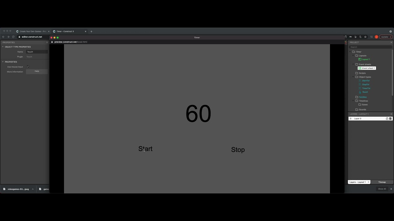 Create a Start and Stop Event for Your Timer in Construct 3