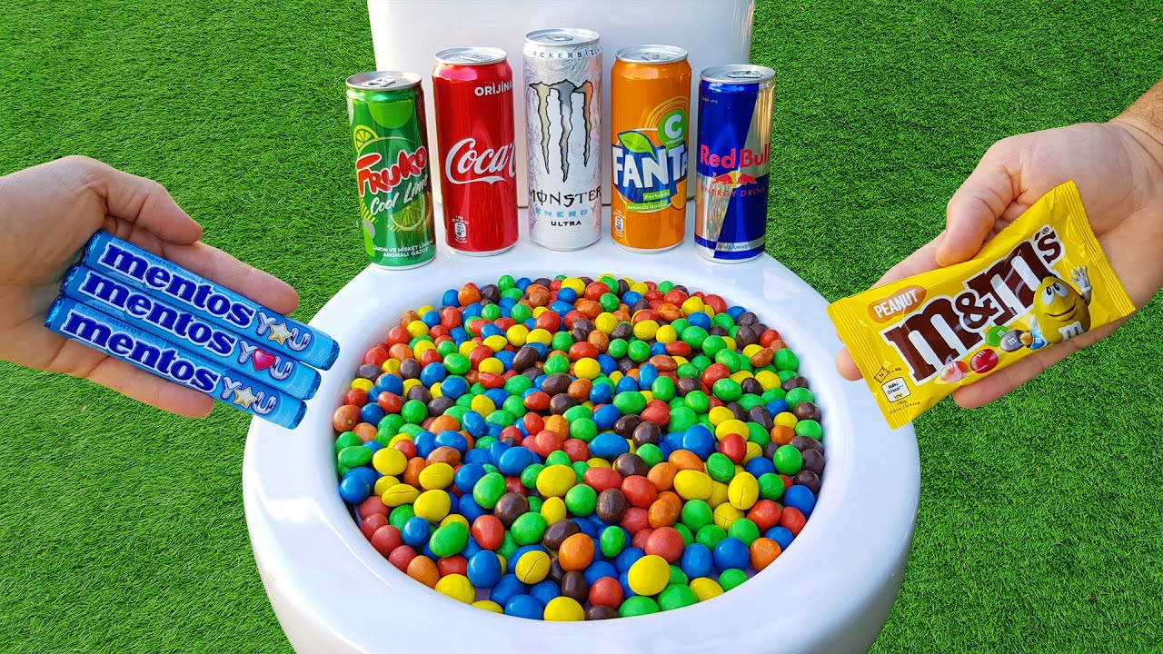 Experiment !! M&M Candy VS Football, Cola, Fanta, Sprite, Mtn Dew, Pepsi and Mentos in the toilet