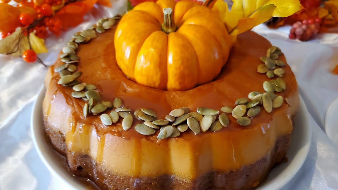 Pastel con Flan de Calabaza  Pumpkinflan Cake