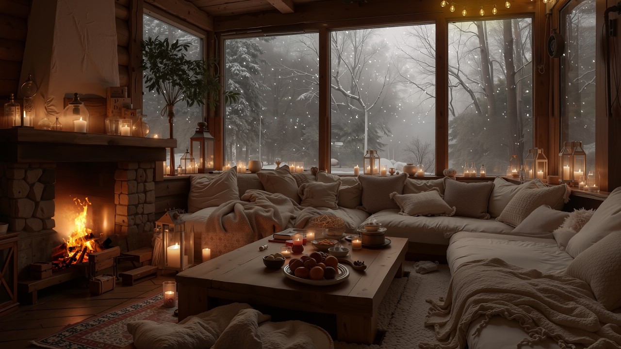 Relaxing Snowy Night in a Cozy Winter Cabin ❄️ Soft Piano Music & Crackling Fireplace for Sleep