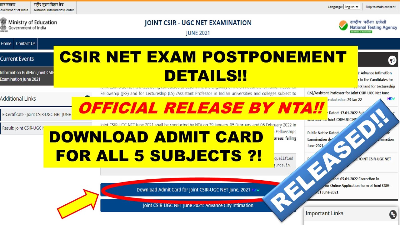 Update on CSIR NET exam (Physical,chemical,maths,life sciences) Postponement!Official Release by NTA