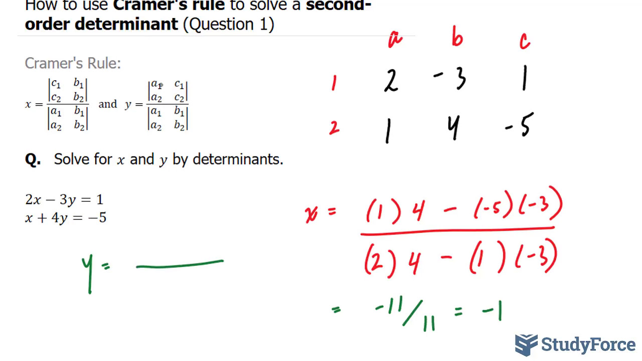 Cramer's Rule to Solve a 2-Variable Linear System (Example 1)