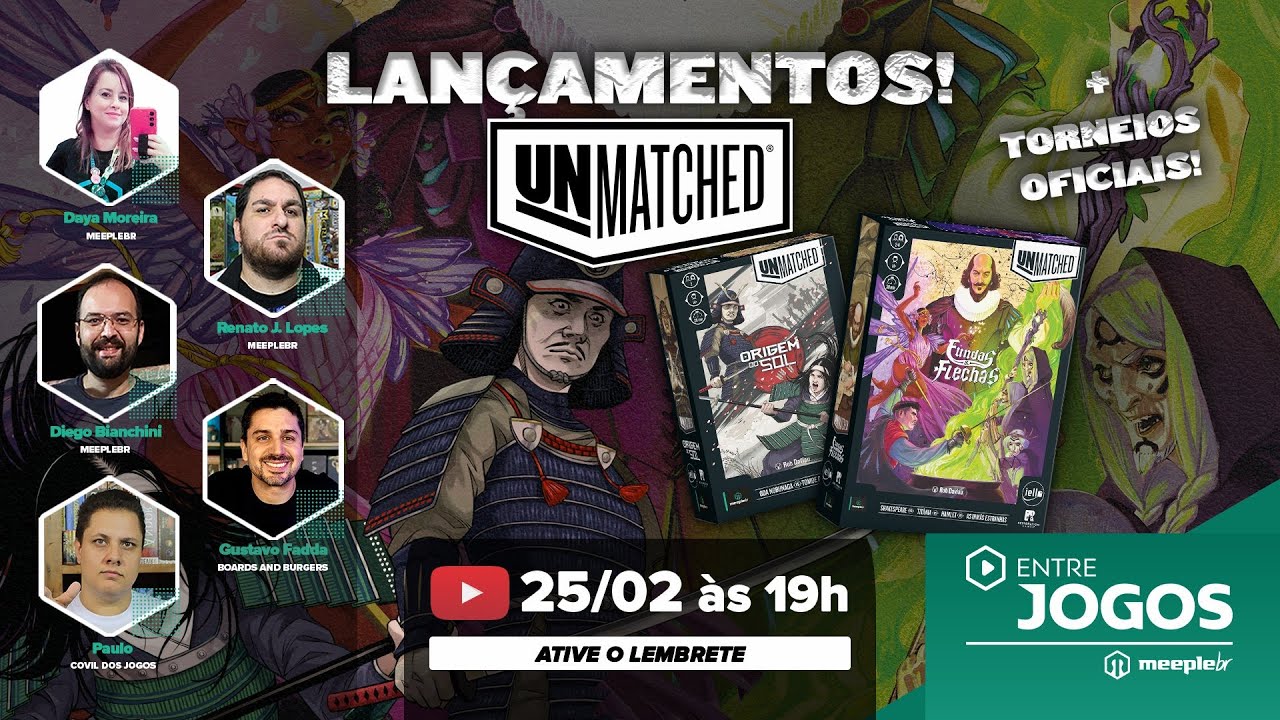 Live Entre Jogos com novas caixas de Unmatched: Fundas e Flechas e Origem do Sol
