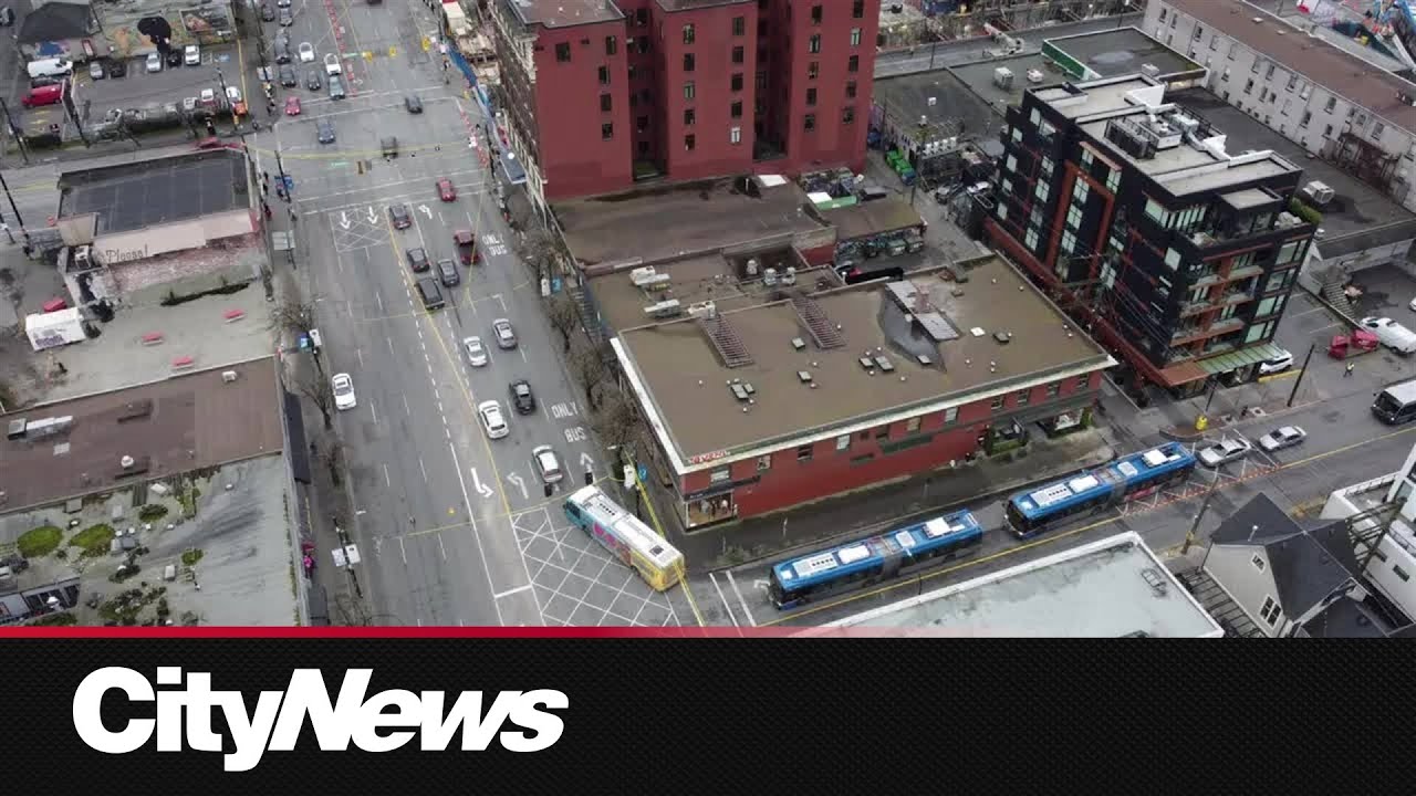 Drone footage of bus delays along 8th Avenue and Main Street