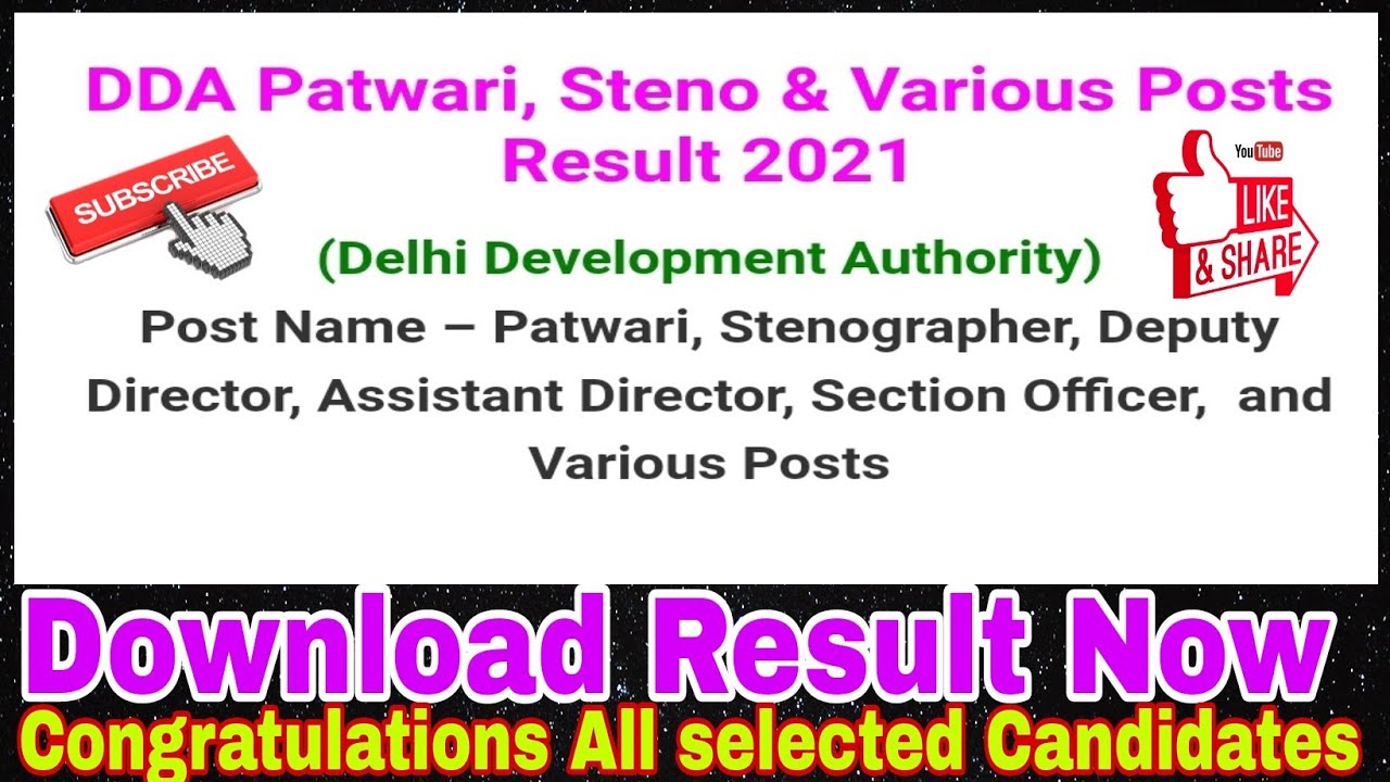 DDA Patwari, Steno & Various Post Result 2021 Download Now