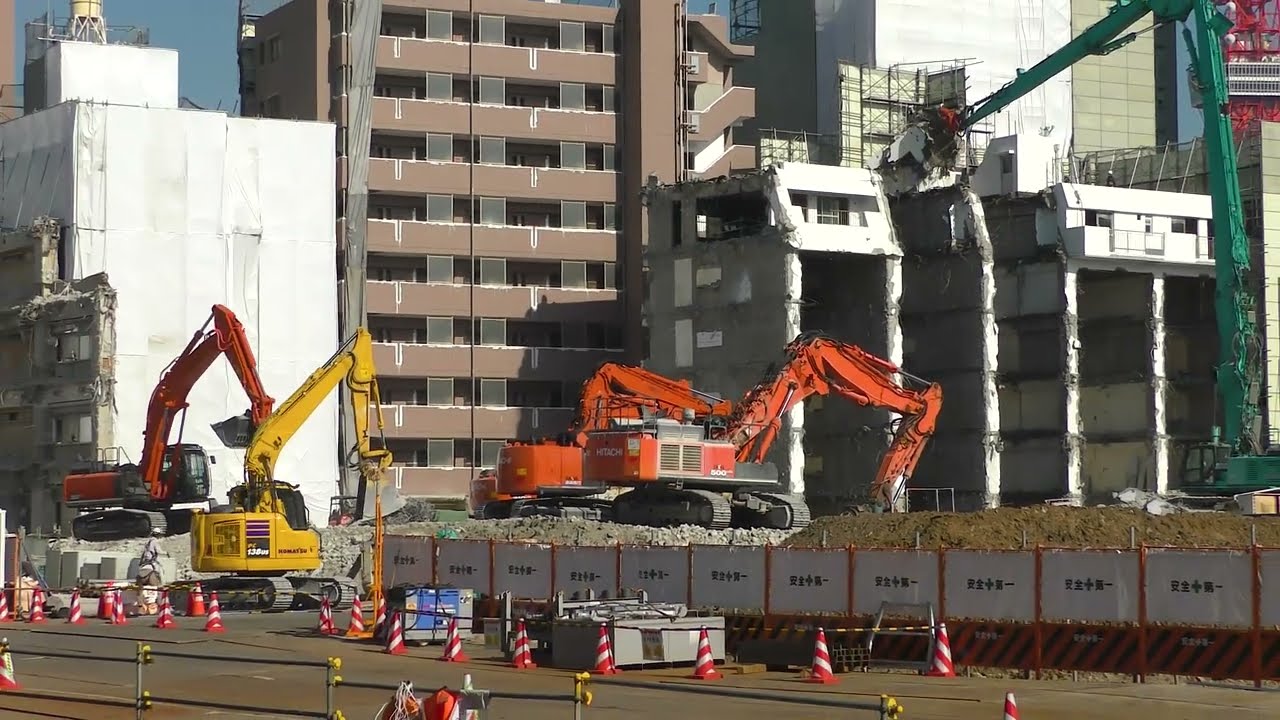 【フリー動画】ビル解体工事・大型クレーンの解体機のド迫力な解体シーン