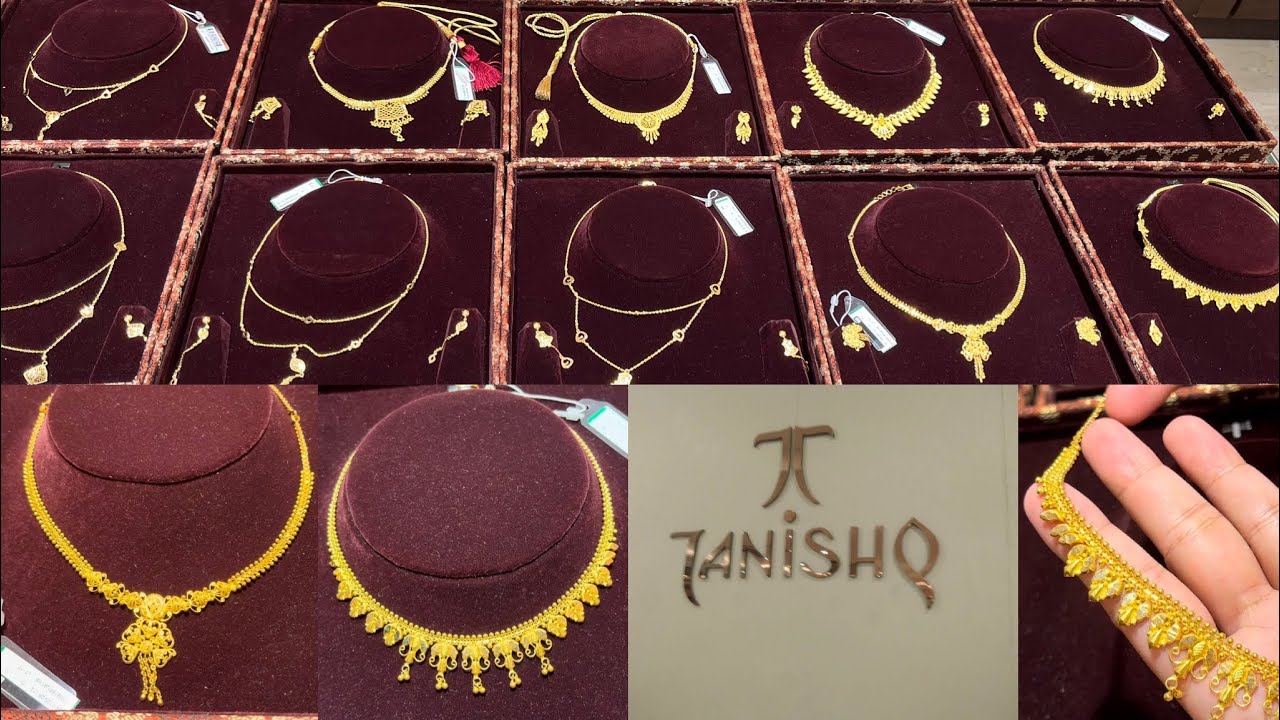 22karat pure gold very lightweight tanishq gold necklace set designs with weight and price