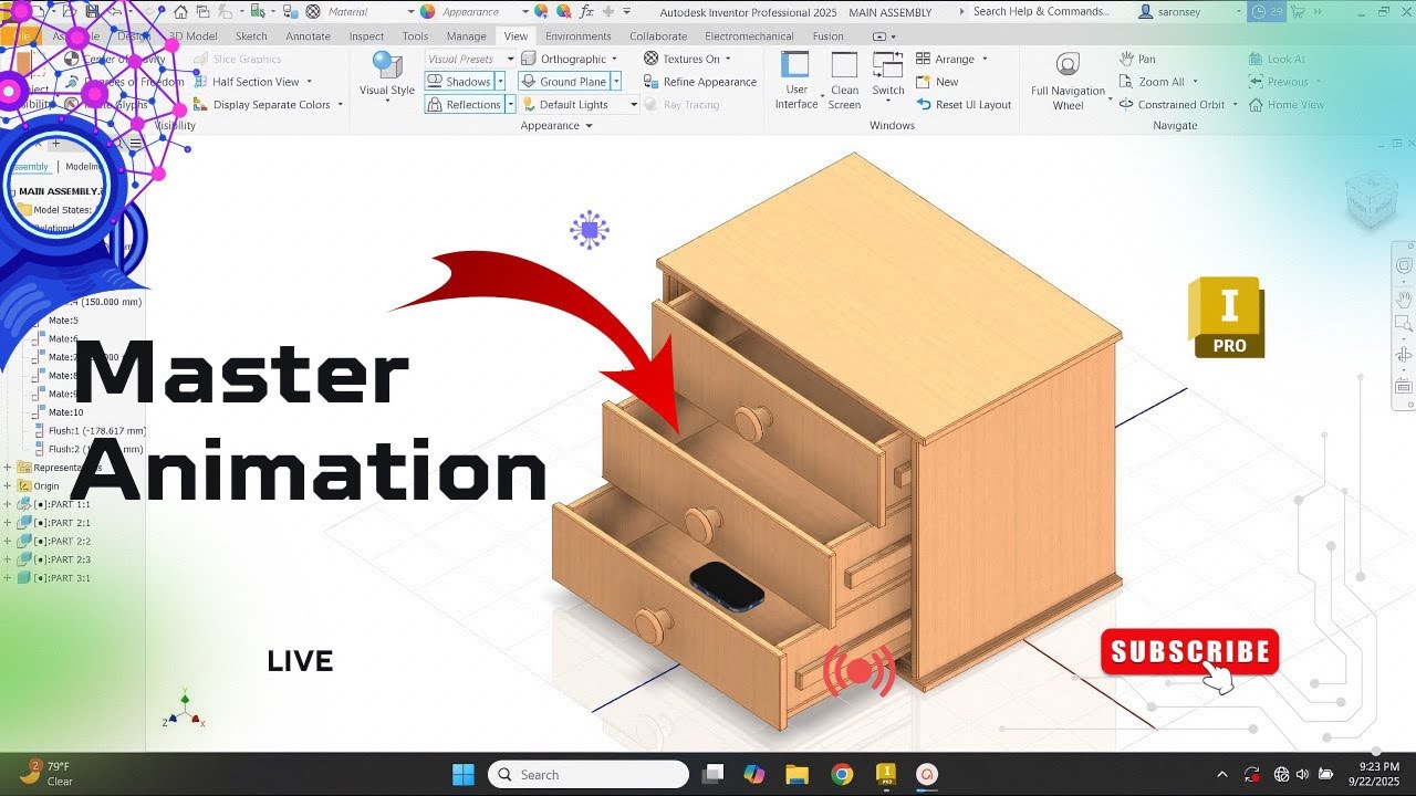 How to Model and Animate a Wooden Drawer Cabinet in Autodesk Inventor | Moving Drawers