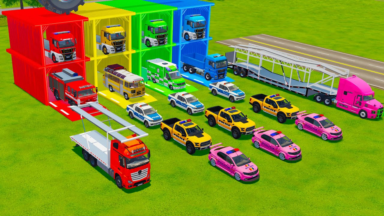 TRANSPORTING PICK UP POLICE CARS AND RESCUE VEHICLES, MINIBUS, DUMP TRUCK TO GARAGE - FS22