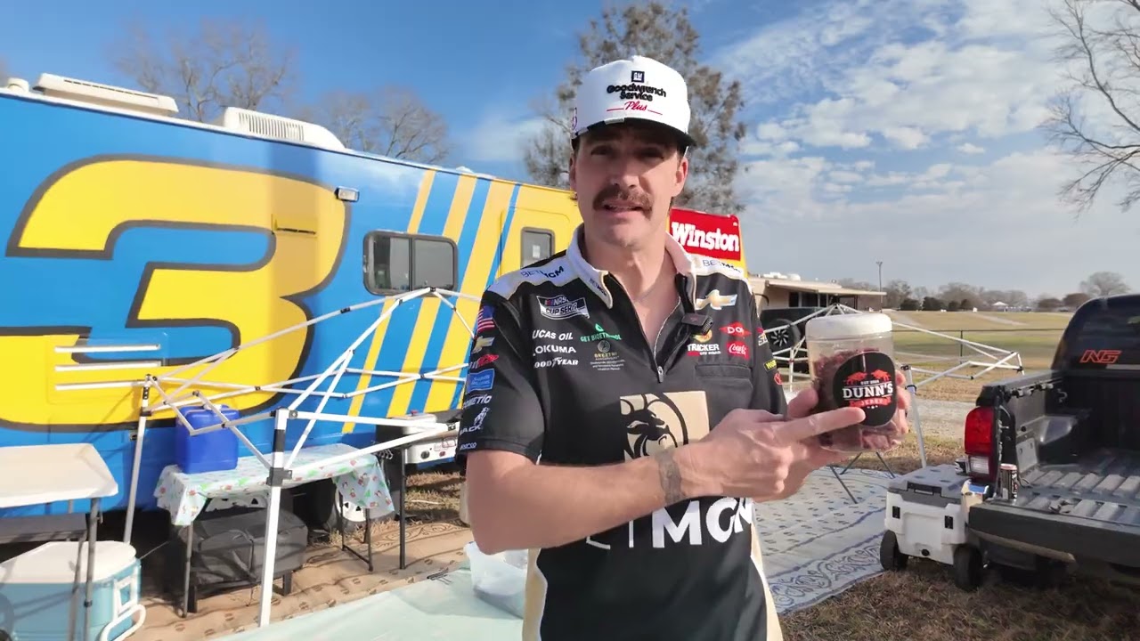 Tasting Dunn's Jerky at the Atlanta Motor Speedway with Justin owner of the #3 Wrangler camper