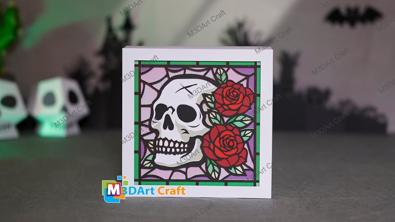 How to make Halloween Skull Rose Stained Glass Layered Papercut for Spooky Halloween Decor