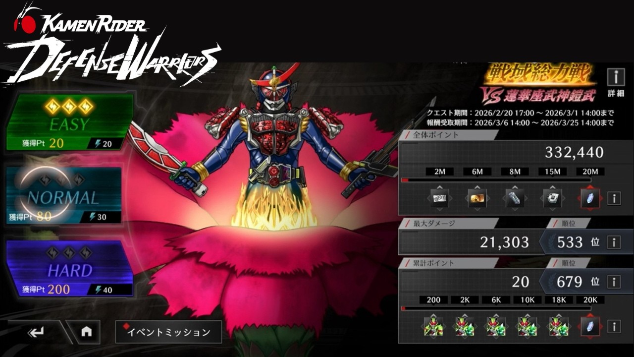 NORMAL｜ランキングイベント 戦域総力戦VS蓮華座武人鎧武｜仮面ライダーDW【実況なし】