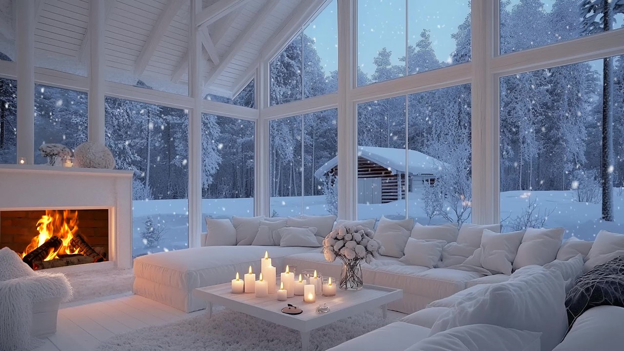 🕯️🎼 Winter Snow Piano Serenity | Fireplace Glow & Soft Ivory Floral Accents | Calm Reflective Nights