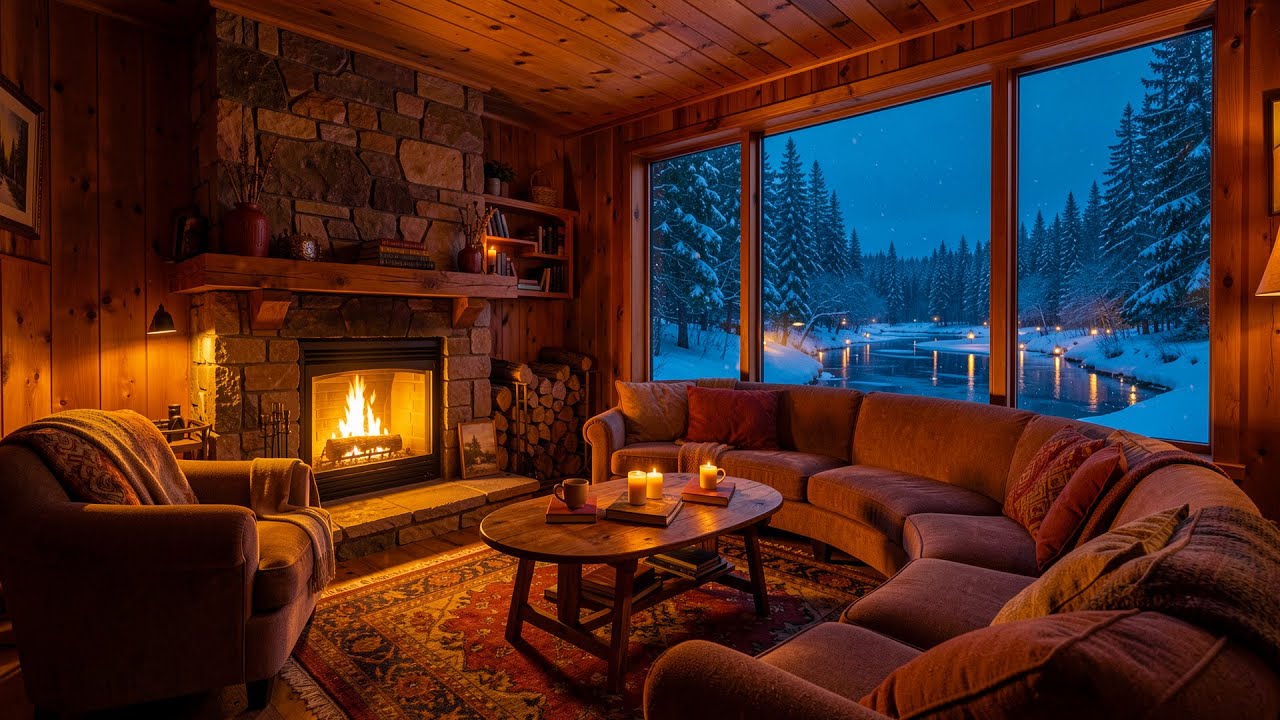 Smooth Jazz Music by the Firepit 🔥 Cozy Cabin Ambience & Snowfall for Deep Relaxation