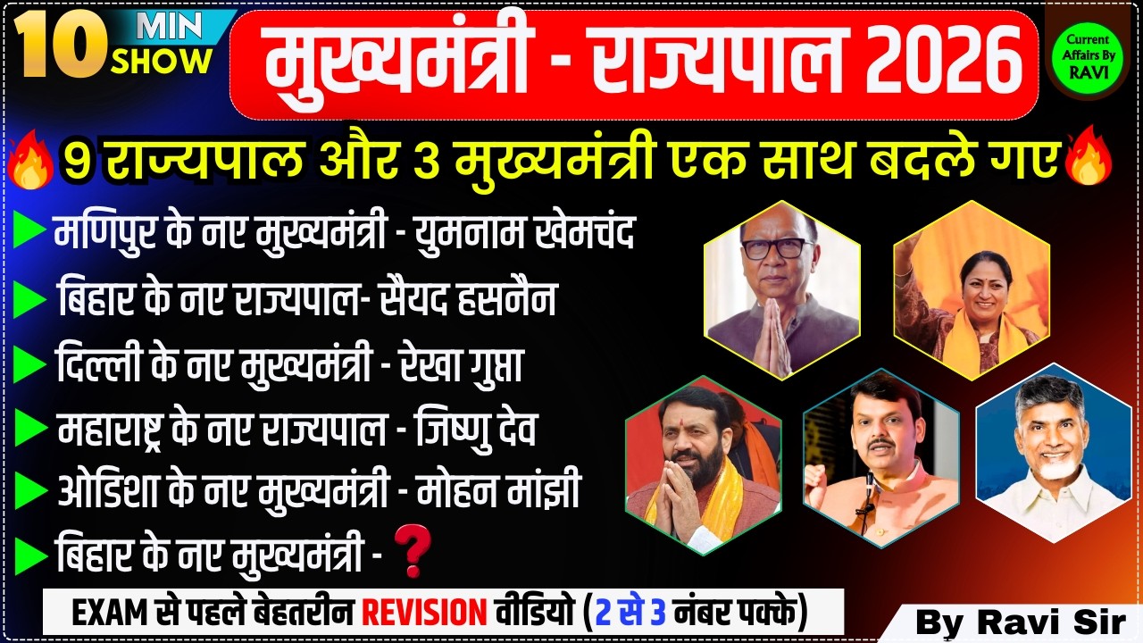 मुख्यमंत्री और राज्यपाल 2026 10 Min Current Affairs | CM & Governor | Mukhyamantri Aur Rajyapal