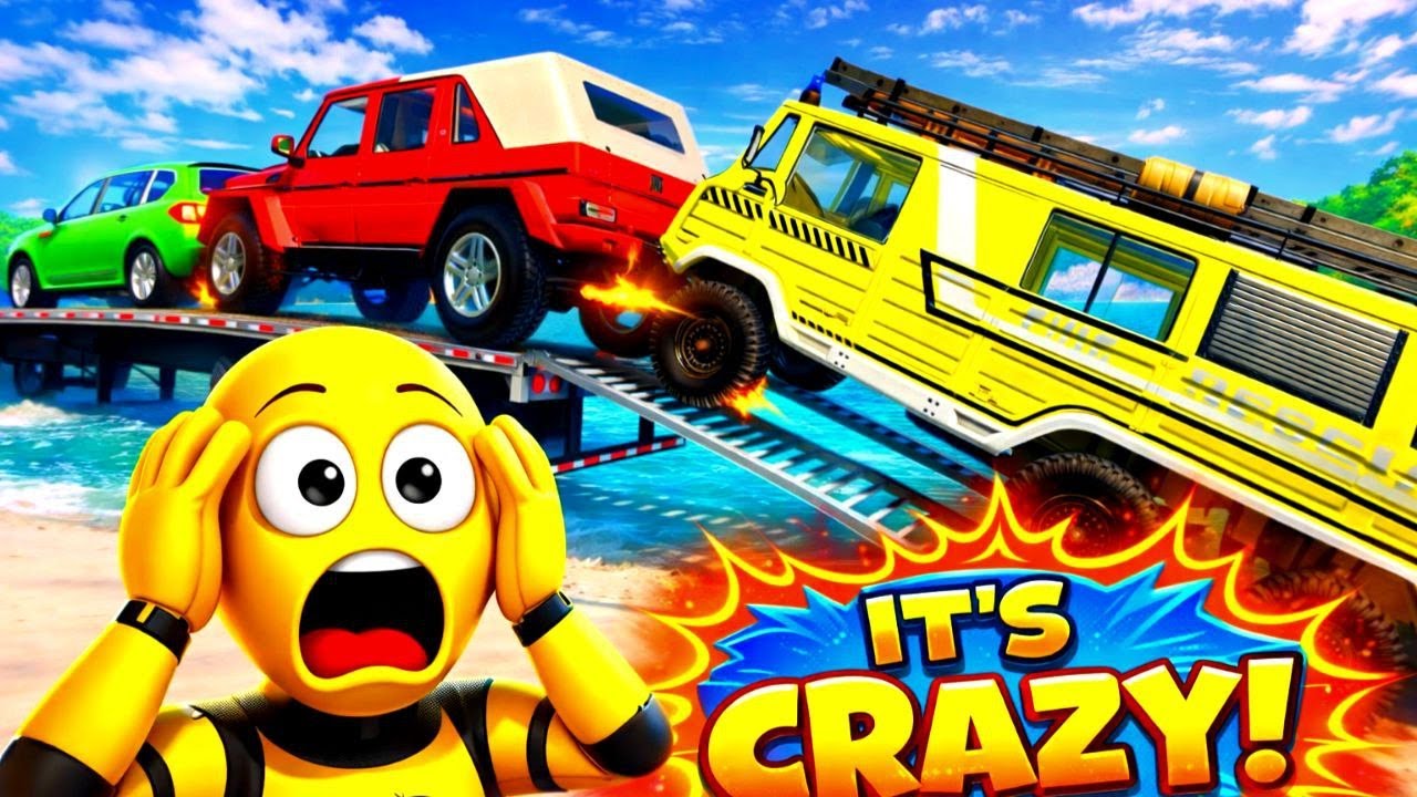 Four Trucks Transporting cars with Flatbed Trailers | Cars vs Speedbump vs Train vs Pothole #006