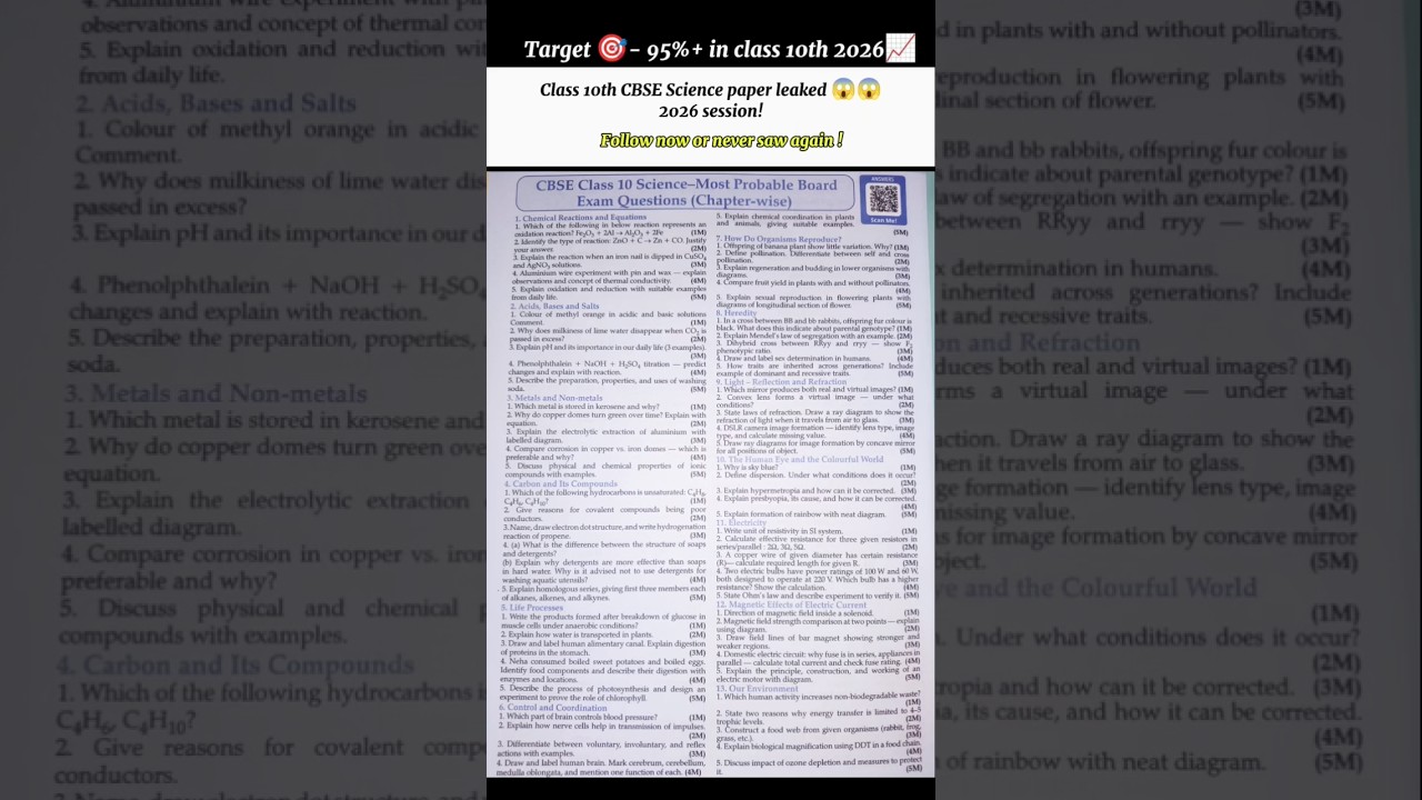 CLASS 10 CBSE SCIENCE PAPER LEAKED 2026 SESSION 🔥 | CLASS 10 SCIENCE BOARD EXAM 2026 😱 #cbse2026