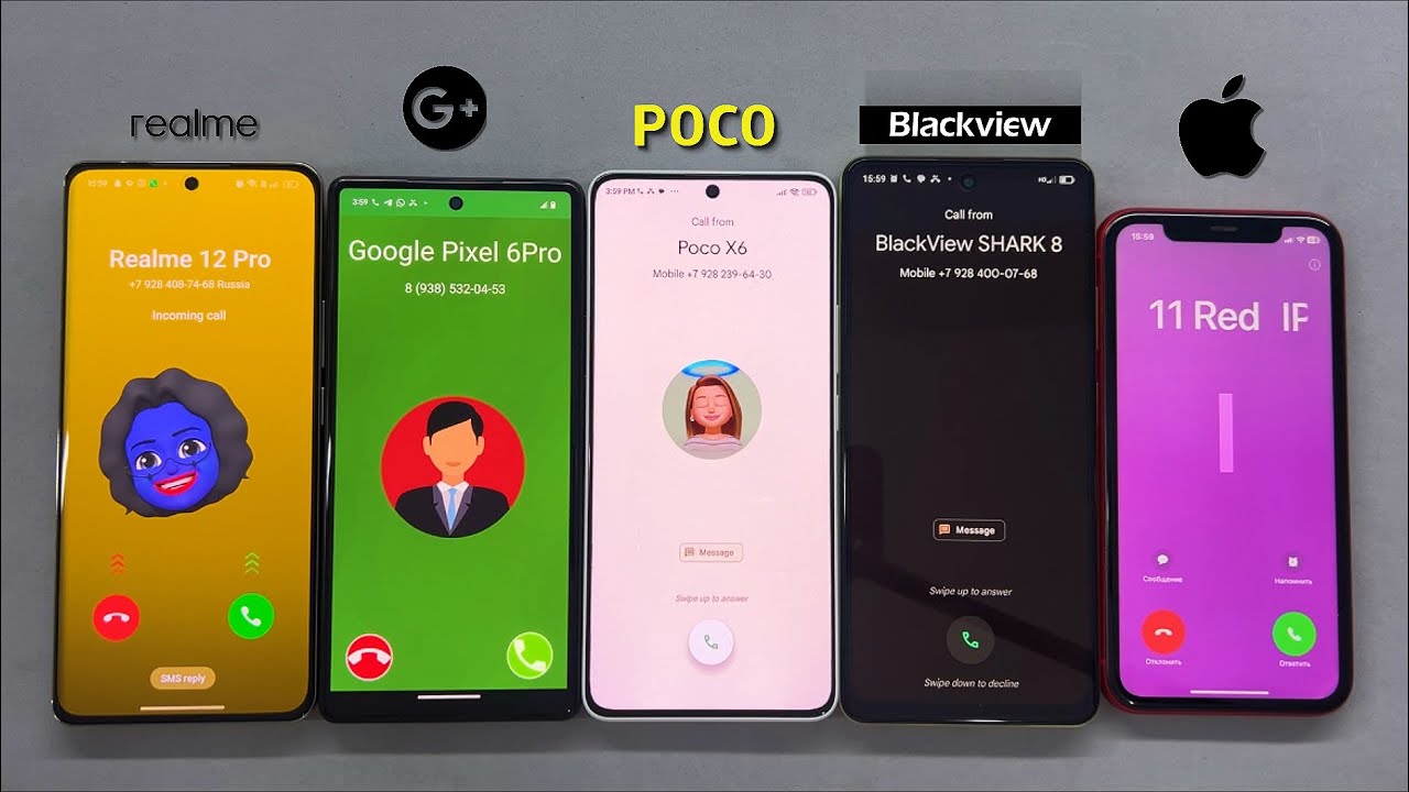Incoming Call on Realme 12Pro + Google Pixel 6 + POCO X6 + BlackView 8 + iPhone 11