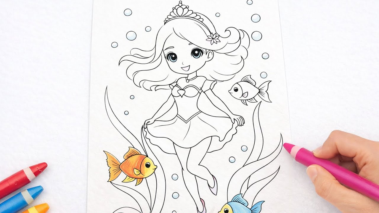 Ocean Princess Coloring 🐠 Easy Crayon Coloring for Kids | Cute Underwater Coloring Page