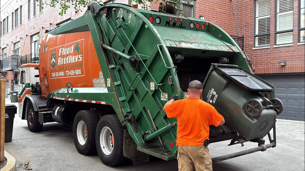 Flood Bros Mack LE McNeilus Rear Loader Garbage Truck in a Chicago HOA